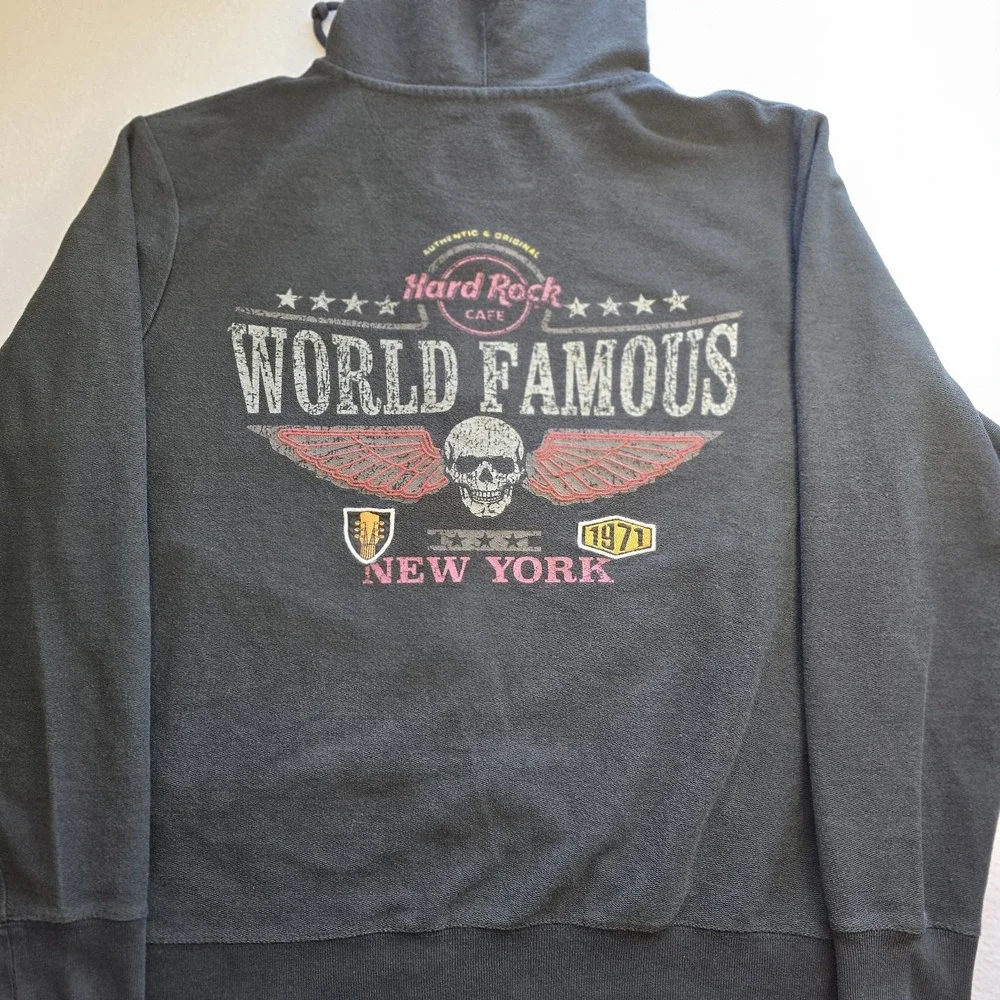 Hard Rock Cafe NY Hoodie Skull Winged Distressed Zip Sweatshirt Y2K Grunge XL...